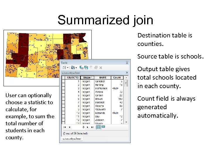 Summarized join Destination table is counties. Source table is schools. Output table gives total