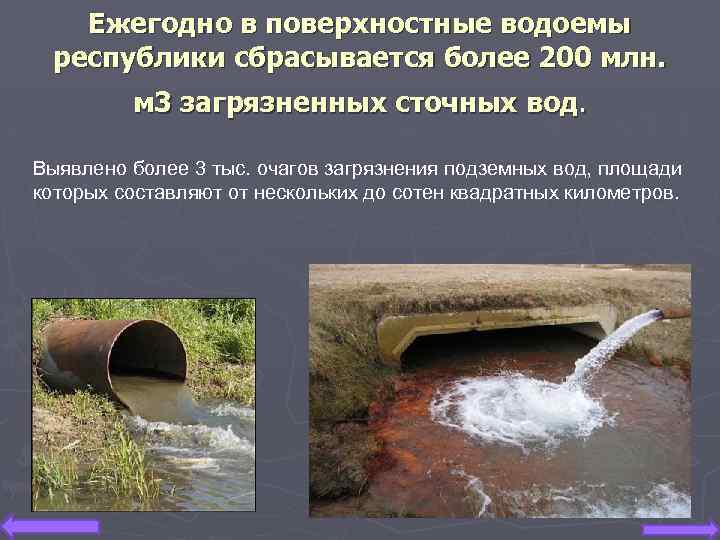 Ежегодно в поверхностные водоемы республики сбрасывается более 200 млн. м 3 загрязненных сточных вод.