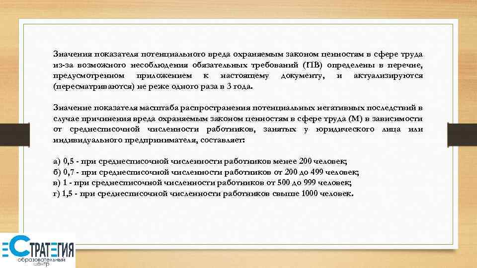 Значения показателя потенциального вреда охраняемым законом ценностям в сфере труда из-за возможного несоблюдения обязательных