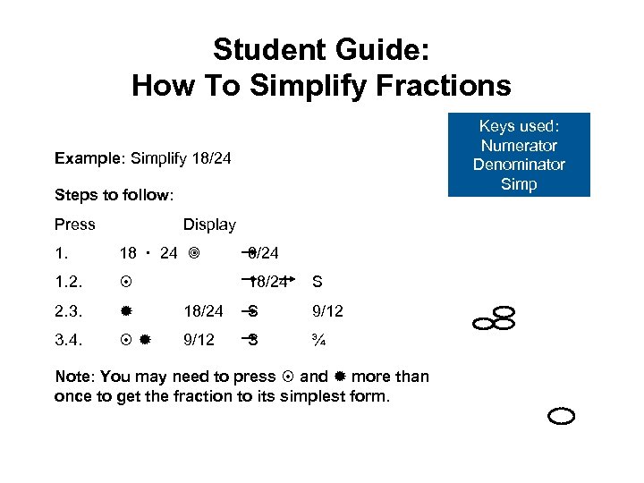 Student Guide: How To Simplify Fractions Keys used: Numerator Denominator Simp Example: Simplify 18/24