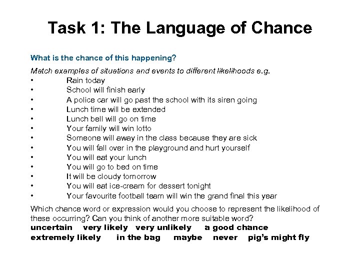 Task 1: The Language of Chance What is the chance of this happening? Match