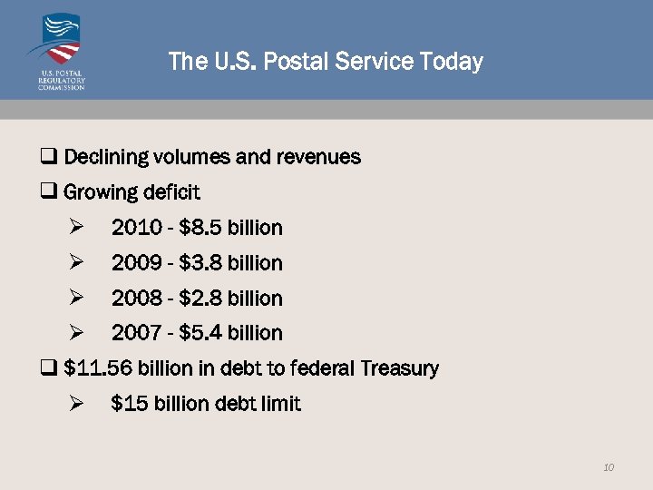 The U. S. Postal Service Today q Declining volumes and revenues q Growing deficit