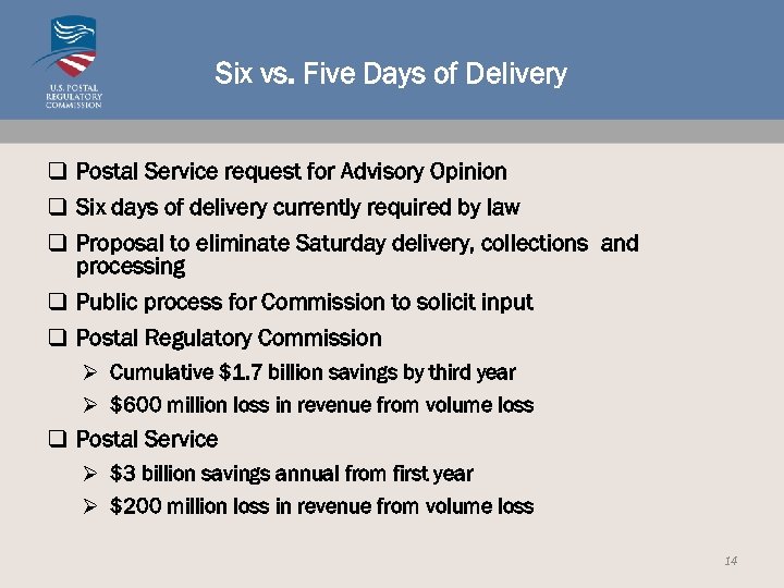 Six vs. Five Days of Delivery q Postal Service request for Advisory Opinion q