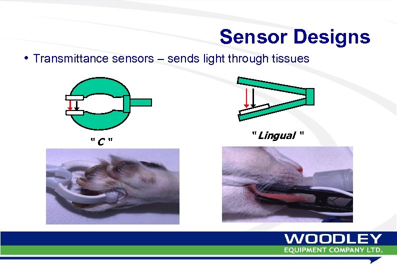 Sensor Designs • Transmittance sensors – sends light through tissues “C“ “ Lingual “