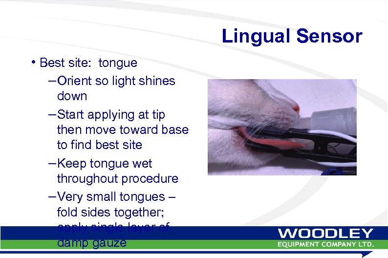 Lingual Sensor • Best site: tongue – Orient so light shines down – Start