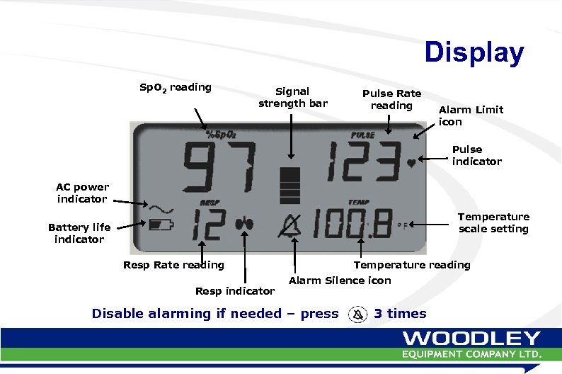 Display Sp. O 2 reading Signal strength bar Pulse Rate reading Alarm Limit icon