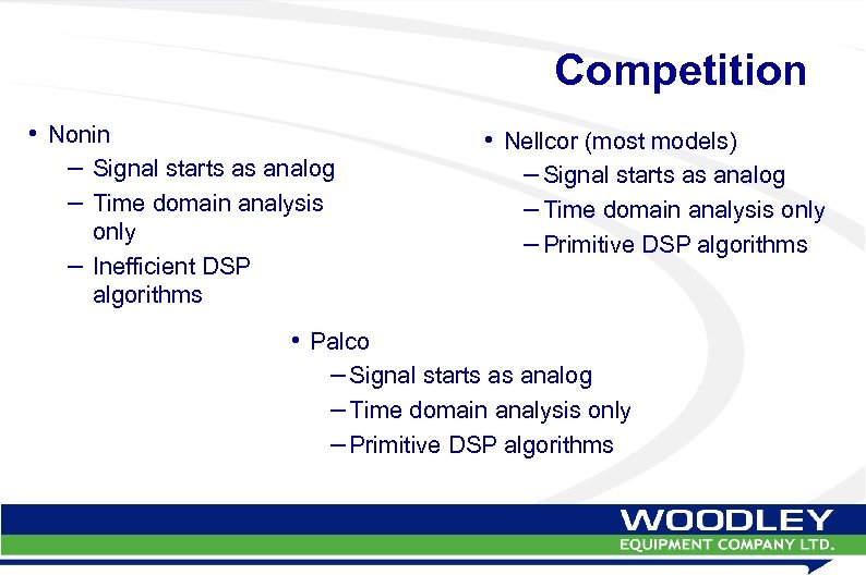 Competition • Nonin – Signal starts as analog – Time domain analysis only –