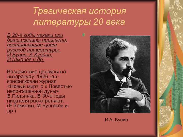 Трагическая история литературы 20 века В 20 -е годы уехали или были изгнаны писатели,