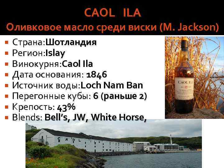 CAOL ILA Оливковое масло среди виски (M. Jackson) Страна: Шотландия Регион: Islay Винокурня: Caol
