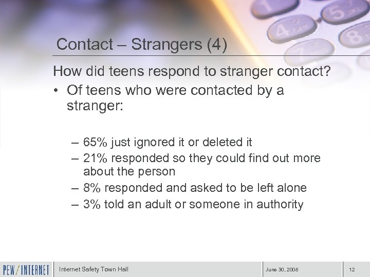 Contact – Strangers (4) How did teens respond to stranger contact? • Of teens