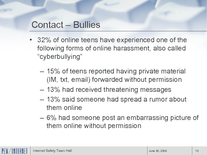 Contact – Bullies • 32% of online teens have experienced one of the following