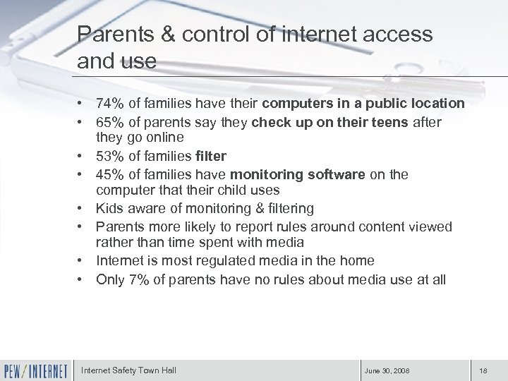 Parents & control of internet access and use • 74% of families have their