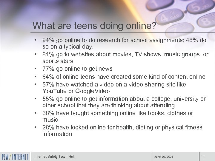 What are teens doing online? • 94% go online to do research for school