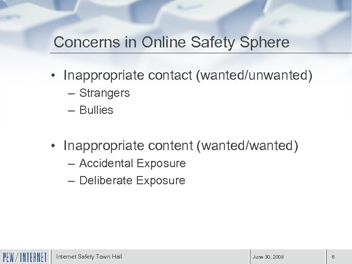 Concerns in Online Safety Sphere • Inappropriate contact (wanted/unwanted) – Strangers – Bullies •