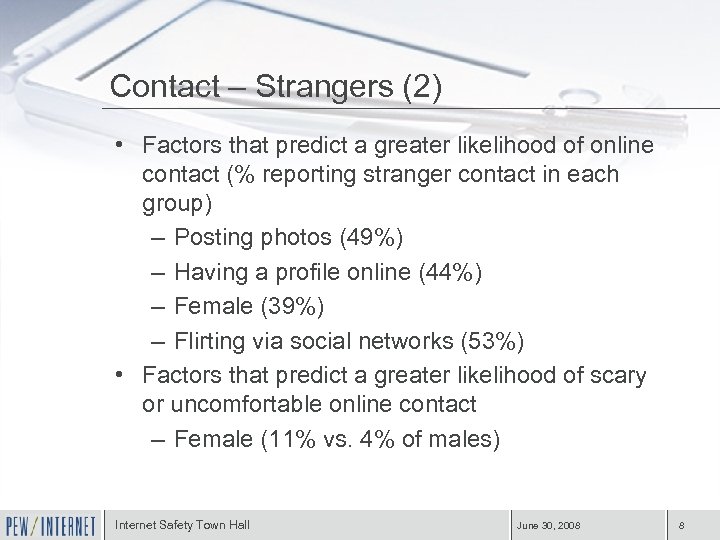 Contact – Strangers (2) • Factors that predict a greater likelihood of online contact