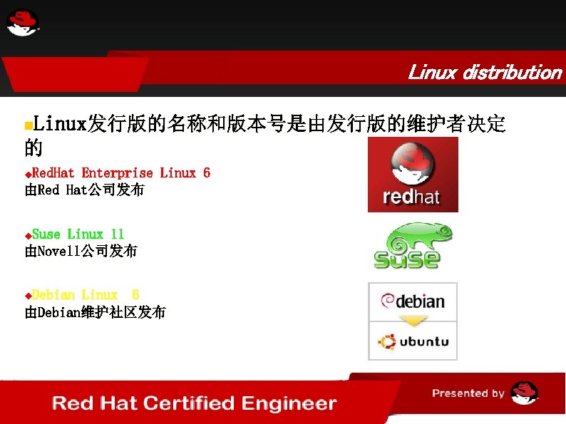 Linux distribution Linux发行版的名称和版本号是由发行版的维护者决定 的 Red. Hat Enterprise Linux 6 由Red Hat公司发布 Suse Linux 11