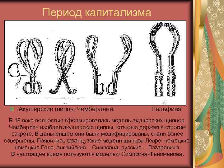 Период капитализма Акушерские щипцы Чемберлена, Пальфина В 19 веке полностью сформировалась модель акушерских щипцов.