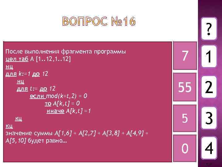 ? После выполнения фрагмента программы цел таб А [1. . 12, 1. . 12]