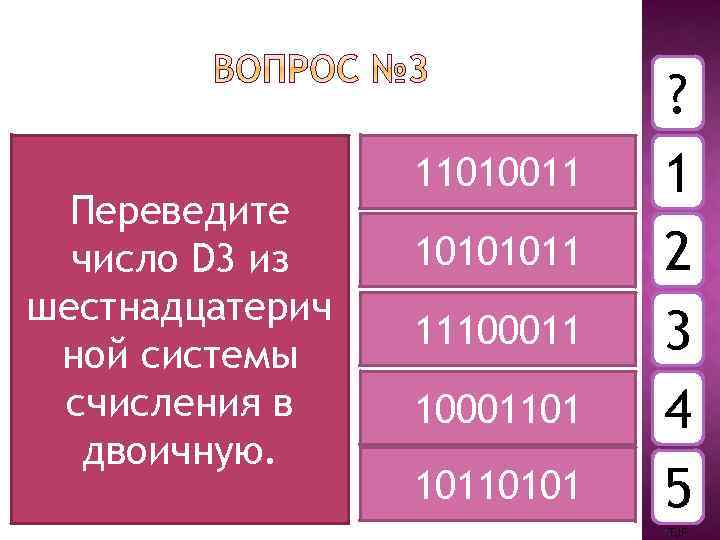 Переведите число D 3 из шестнадцатерич ной системы счисления в двоичную. 11010011 10101011 1110001101