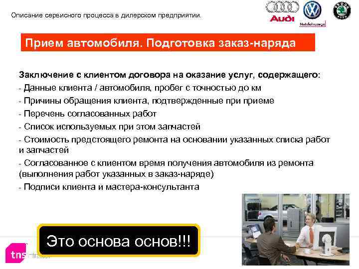 Описание сервисного процесса в дилерском предприятии. Прием автомобиля. Подготовка заказ-наряда Заключение с клиентом договора