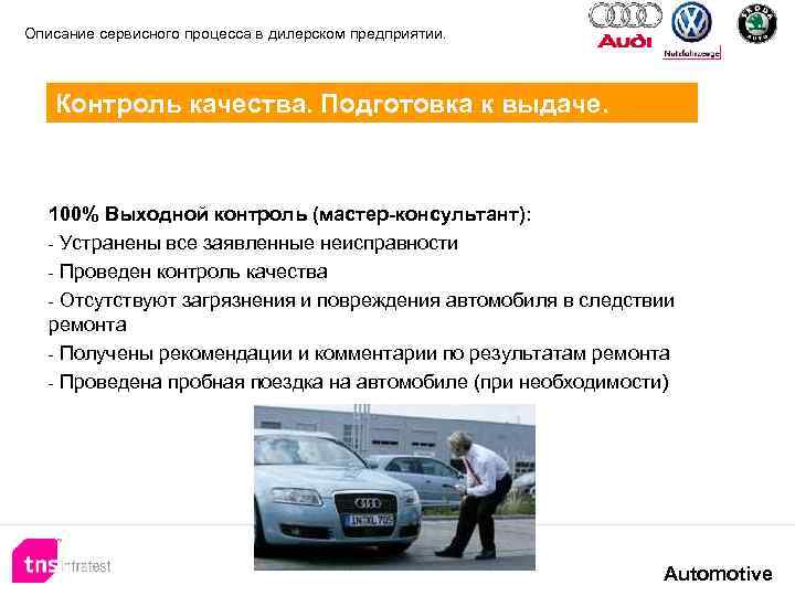Описание сервисного процесса в дилерском предприятии. Контроль качества. Подготовка к выдаче. 100% Выходной контроль