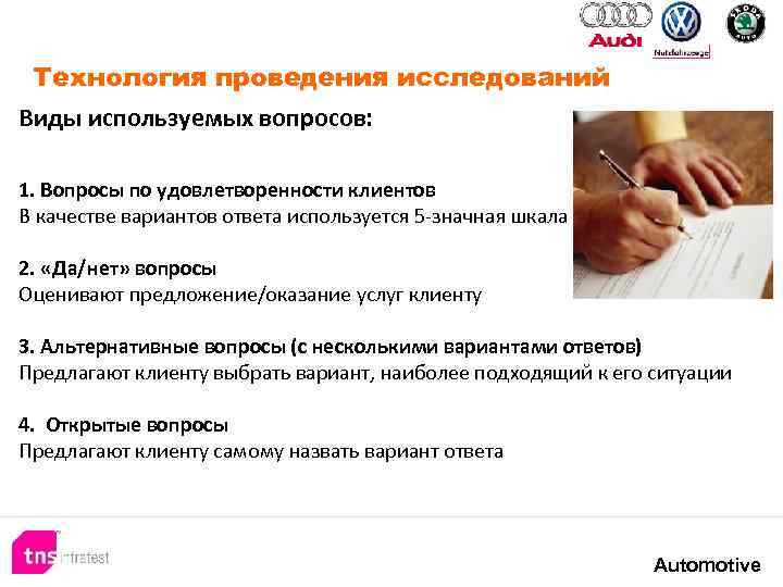 Технология проведения исследований Виды используемых вопросов: 1. Вопросы по удовлетворенности клиентов В качестве вариантов