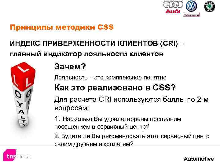 Принципы методики CSS ИНДЕКС ПРИВЕРЖЕННОСТИ КЛИЕНТОВ (CRI) – главный индикатор лояльности клиентов Зачем? Лояльность