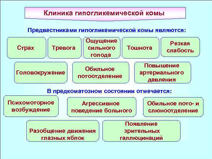 Клиника гипогликемической комы Предвестниками гипогликемической комы являются: Страх Тревога Головокружение Ощущение сильного голода Тошнота