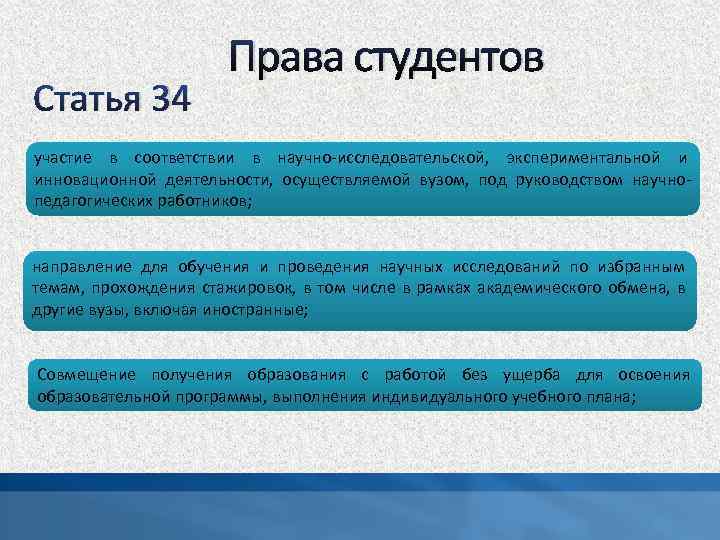 Статья 34 Права студентов участие в соответствии в научно-исследовательской, экспериментальной и инновационной деятельности, осуществляемой