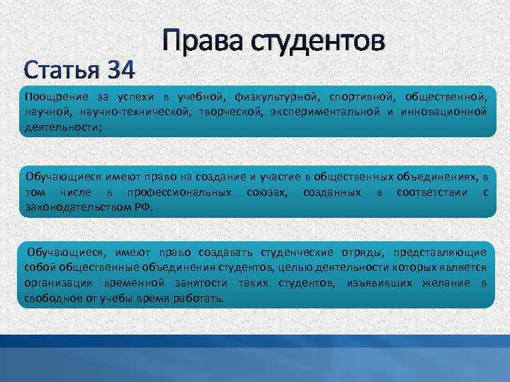 Статья 34 Права студентов Поощрение за успехи в учебной, физкультурной, спортивной, общественной, научно-технической, творческой,