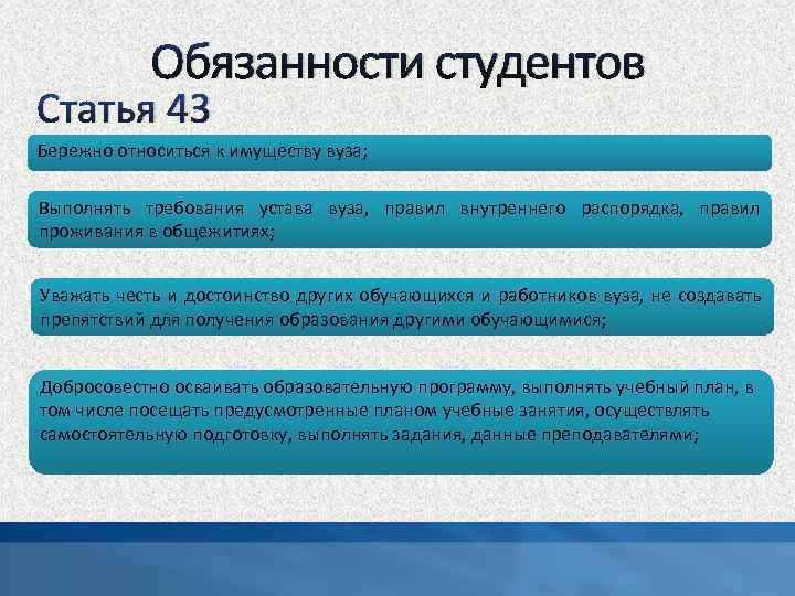 Обязанности студентов Статья 43 Бережно относиться к имуществу вуза; Выполнять требования устава вуза, правил