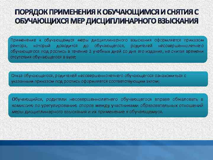 Применение к обучающемуся меры дисциплинарного взыскания оформляется приказом ректора, который доводится до обучающегося, родителей