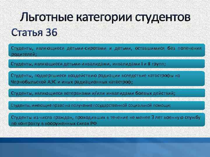 Льготные категории студентов Статья 36 Студенты, являющиеся детьми-сиротами и детьми, оставшимися без попечения родителей;