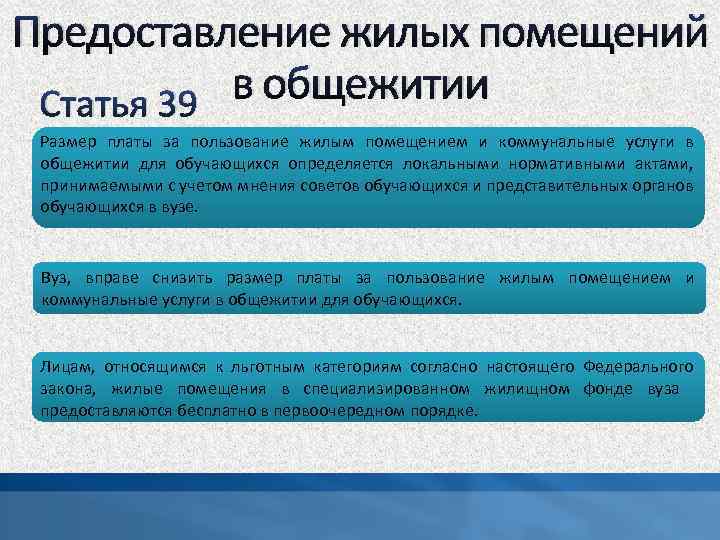 Предоставление жилых помещений в общежитии Статья 39 Размер платы за пользование жилым помещением и