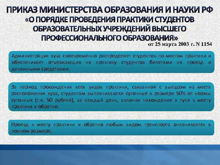 от 25 марта 2003 г. N 1154 Администрация вуза своевременно распределяет студентов по местам