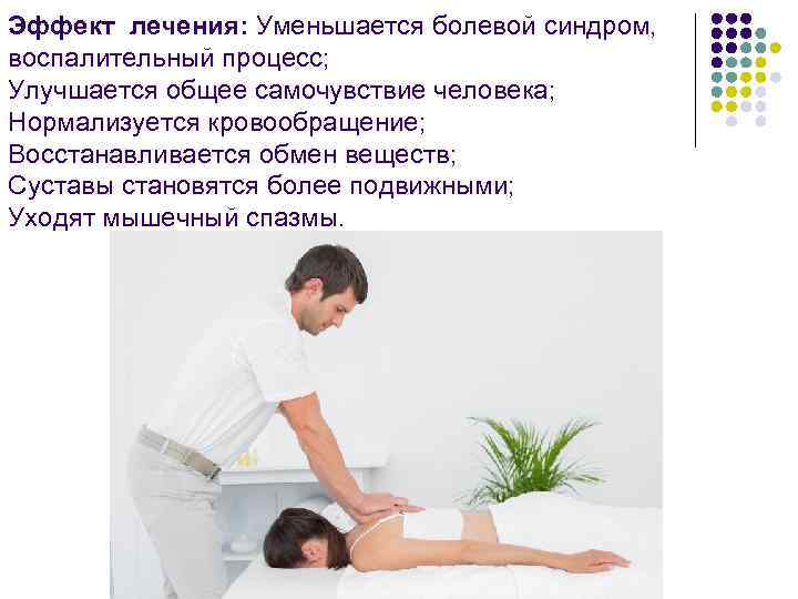 Эффект лечения: Уменьшается болевой синдром, воспалительный процесс; Улучшается общее самочувствие человека; Нормализуется кровообращение; Восстанавливается