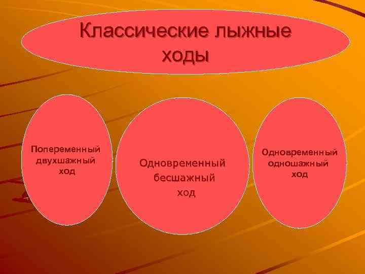 Классические лыжные ходы Попеременный двухшажный ход Одновременный бесшажный ход Одновременный одношажный ход 