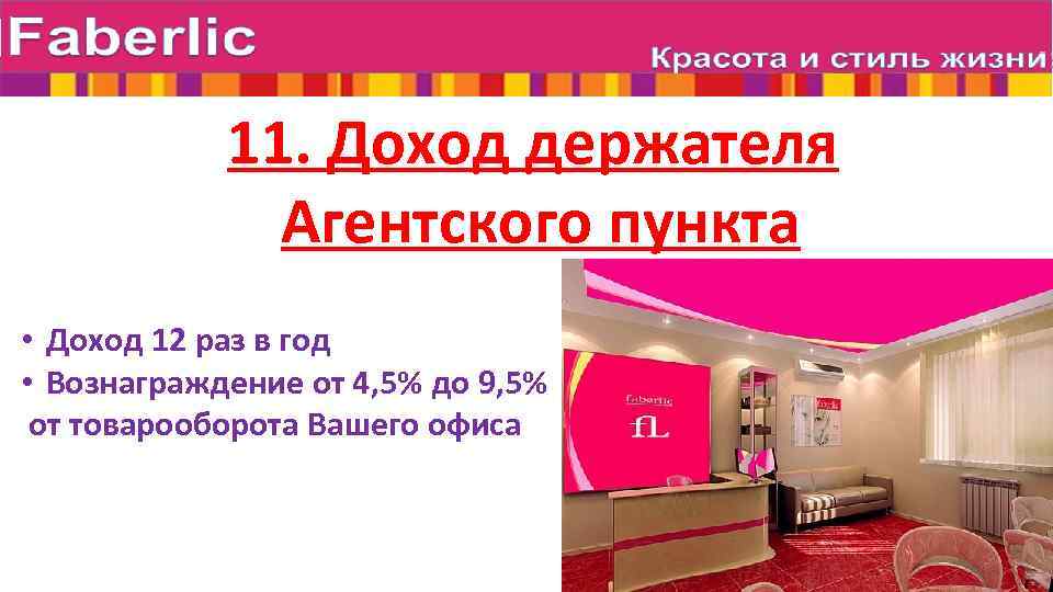 11. Доход держателя Агентского пункта • Доход 12 раз в год • Вознаграждение от