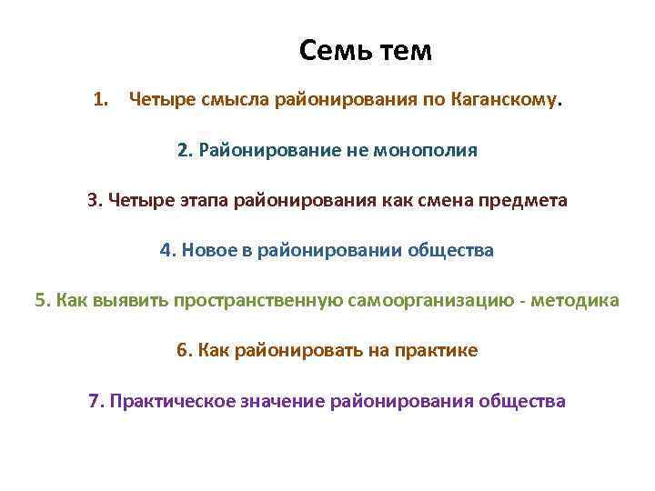 Семь тем 1. Четыре смысла районирования по Каганскому. 2. Районирование не монополия 3. Четыре