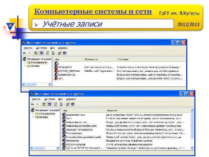 Компьютерные системы и сети Ø Учётные записи Гр. ГУ им. Я. Купалы 2012/2013 