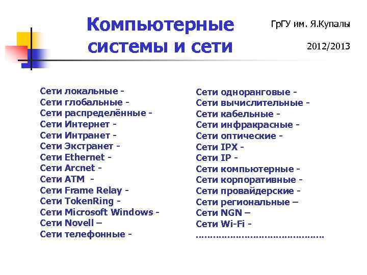 Компьютерные системы и сети Сети локальные Сети глобальные Сети распределённые Сети Интернет Сети Интранет