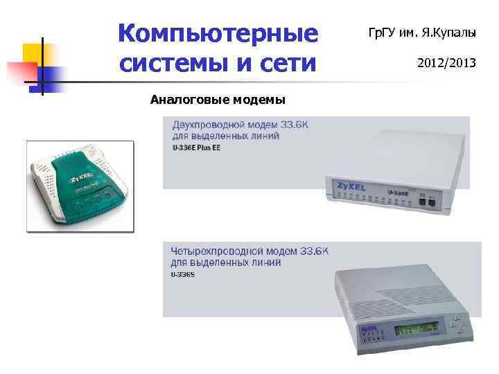 Компьютерные системы и сети Аналоговые модемы Гр. ГУ им. Я. Купалы 2012/2013 