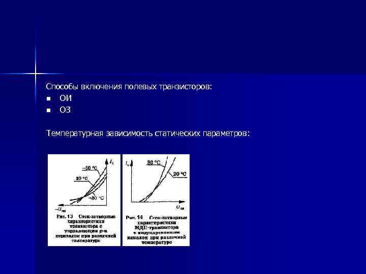 Способы включения полевых транзисторов: n ОИ n ОЗ Температурная зависимость статических параметров: 