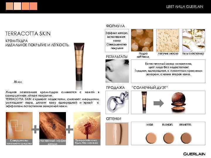 ЦВЕТ ЛИЦА GUERLAIN ФОРМУЛА TERRACOTTA SKIN Эффект загара, естественная кожа Совершенство покрытия КРЕМ-ПУДРА ИДЕАЛЬНОЕ