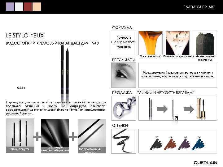 ГЛАЗА GUERLAIN ФОРМУЛА LE STYLO YEUX ВОДОСТОЙКИЙ КРЕМОВЫЙ КАРАНДАШ ДЛЯ ГЛАЗ Точность Шелковистость Мягкость