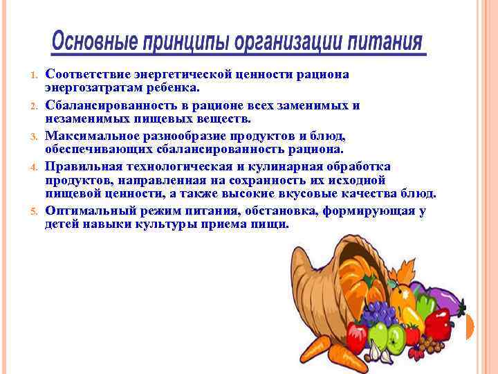 1. 2. 3. 4. 5. Соответствие энергетической ценности рациона энергозатратам ребенка. Сбалансированность в рационе