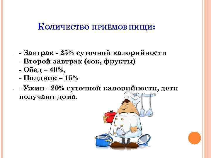 КОЛИЧЕСТВО ПРИЁМОВ ПИЩИ: - - - Завтрак - 25% суточной калорийности - Второй завтрак