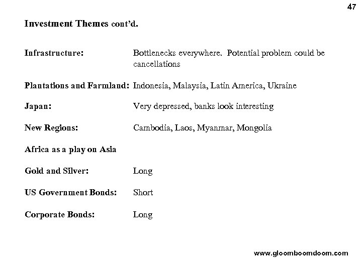 47 Investment Themes cont’d. Infrastructure: Bottlenecks everywhere. Potential problem could be cancellations Plantations and