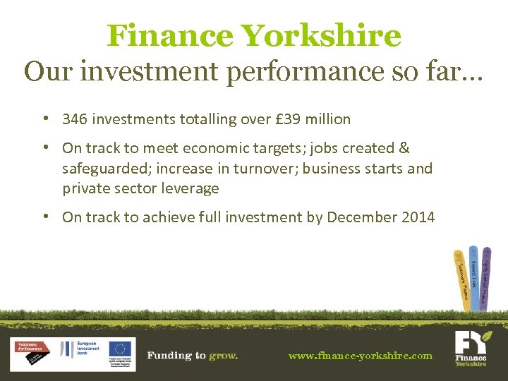 Finance Yorkshire Our investment performance so far. . . • 346 investments totalling over