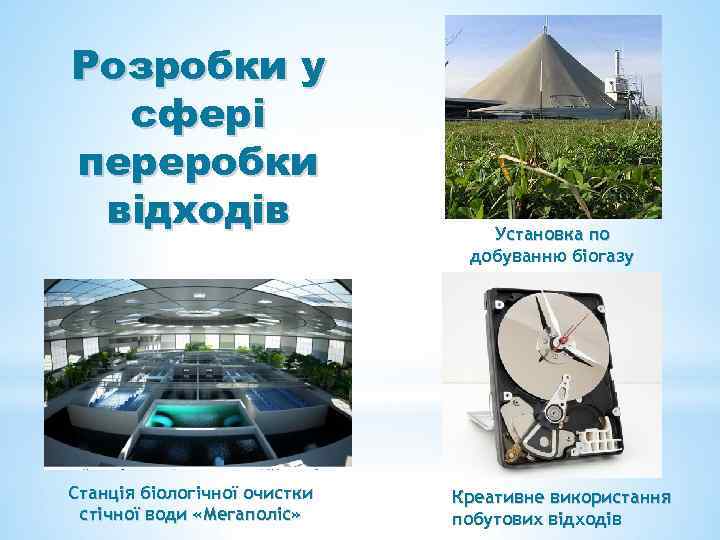 Розробки у сфері переробки відходів Станція біологічної очистки стічної води «Мегаполіс» Установка по добуванню